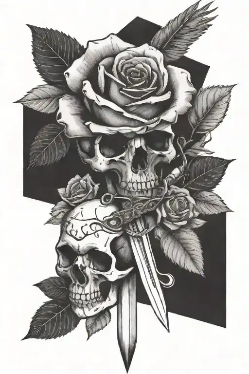 bird skull rose sword intertwined tattoo design idea