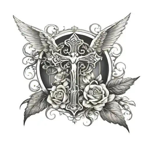 birth flower around a cross above arch angel michael tattoo design idea
