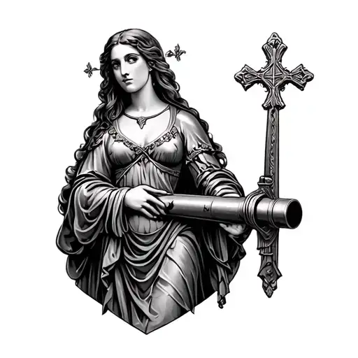 Sexy Saint Barbara with artillery cross cannon tattoo design idea