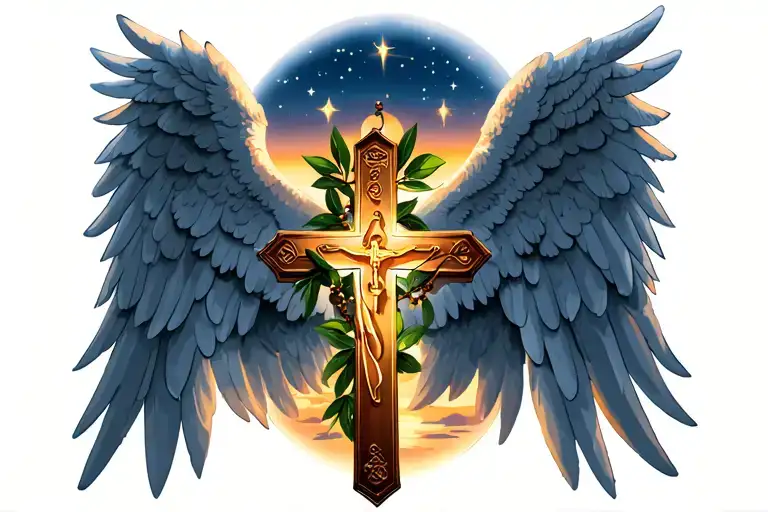 angel wings w beautiful Catholic rosary cross wrapped in olive branch sunset behind it w stars in the sky tattoo design idea