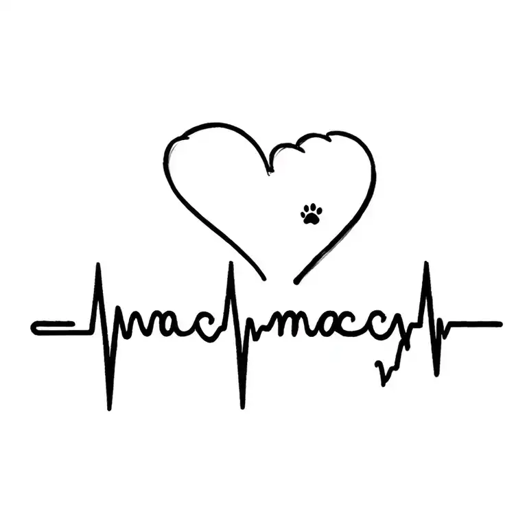 heart followed by heartbeat line then the word macy heartbeat line and dog paw tattoo design idea