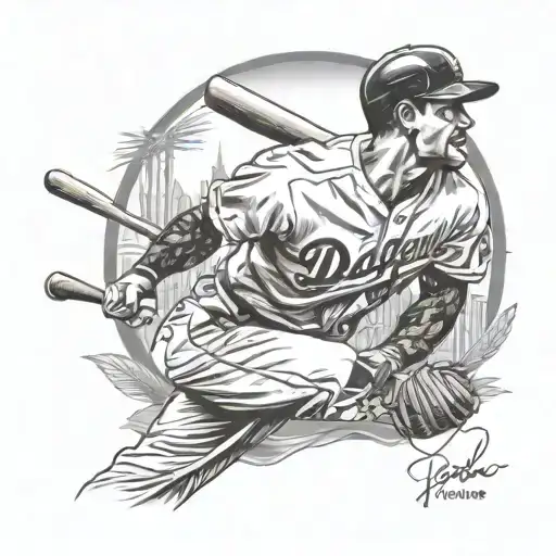 Create a stylized portrait of a Dodgers player celebrating a championship win, with a Los Ángeles backdrop tattoo design idea