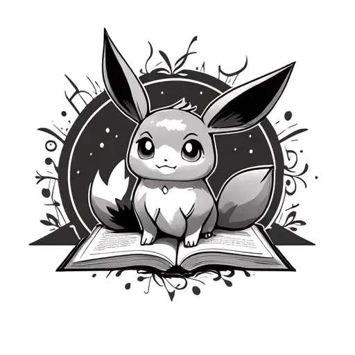 A sleeve tattoo design combining elements of Musical Theatre, the Pokémon Eevee, The Book of Ezra from the bible tattoo design idea