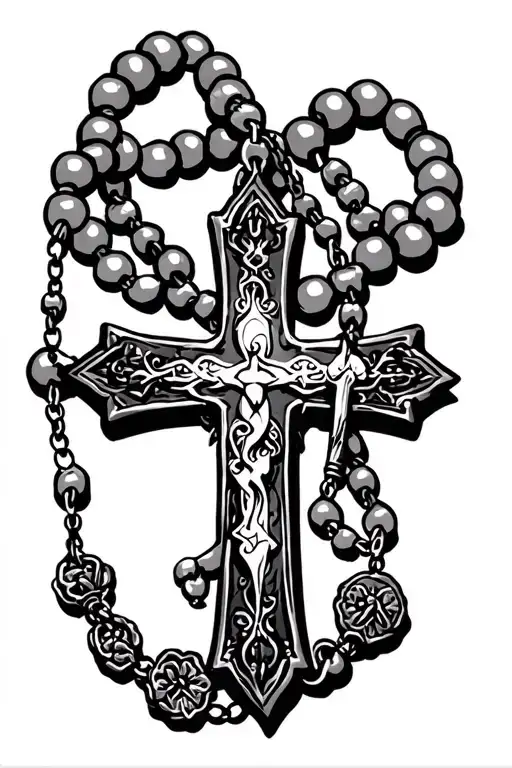 cross and rosary beads tattoo design idea