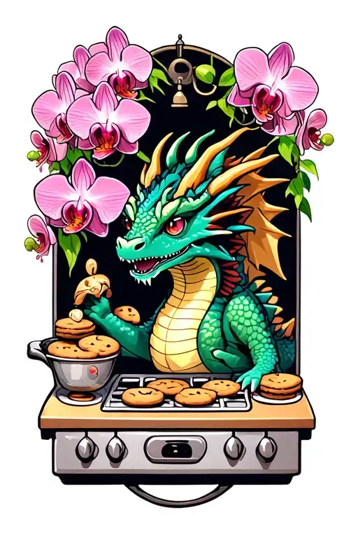 Whimsical dragon baking cookies in a kitchen filled with orchids tattoo design idea