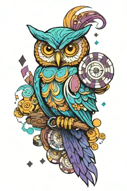 a swirl of blue, turquoise and purple with an owl shaped container and poker chips tattoo design idea