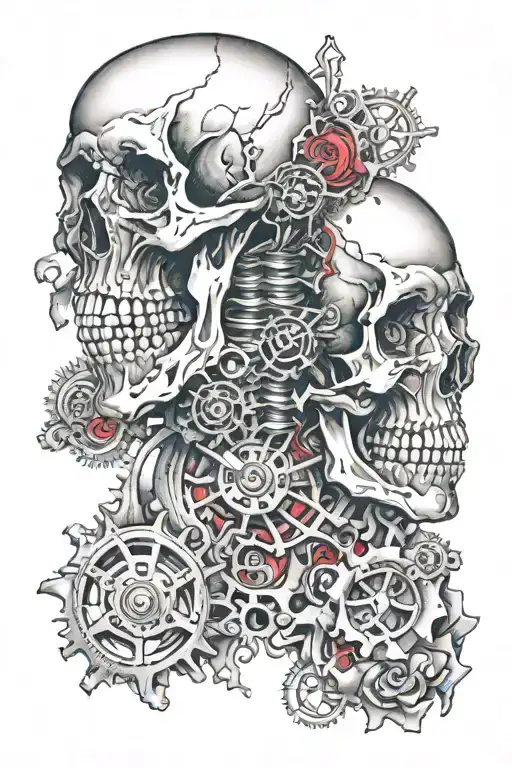 overthinking scull gears with broken heart tattoo design idea