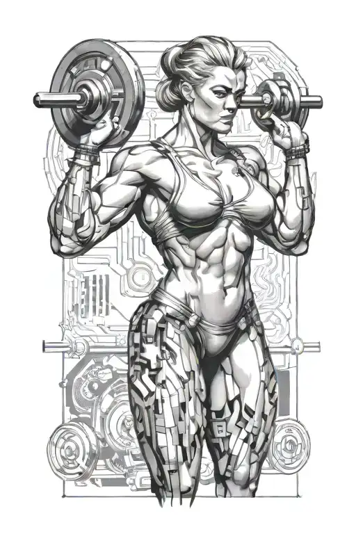 bodybuilder muscular women weightlifting with technology circuits vectors board merging tattoo design idea