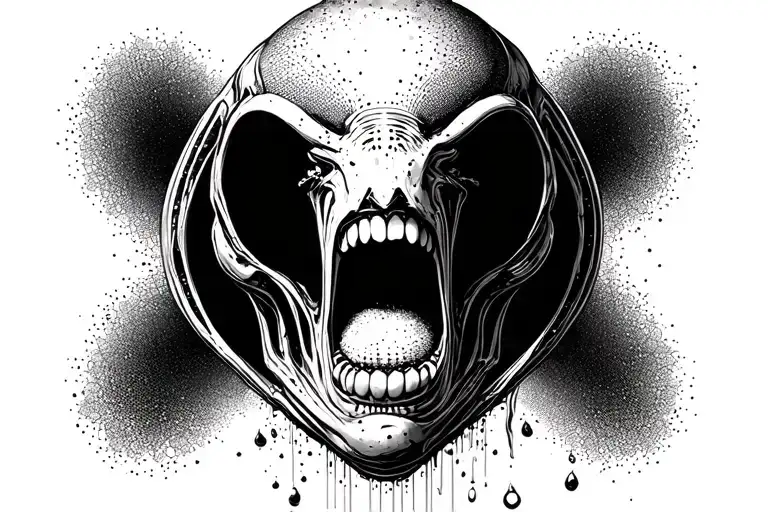 Alien Romulis elongated skull with an open mouth in saliva tattoo design idea