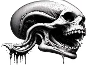 Alien Romulis elongated skull with an open mouth in saliva tattoo design idea