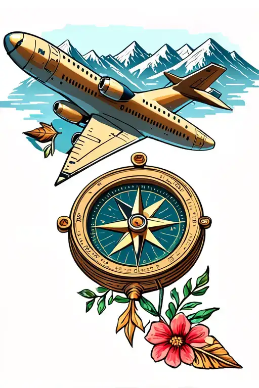 Compass with a arrow and flowers and in the background mountains UN airplane tattoo design idea