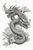 Chinese Dragon with hong kong skyline and cherry blossom tree tattoo design idea