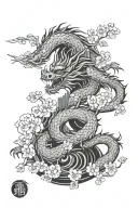 Chinese Dragon with hong kong skyline and cherry blossom tree tattoo design idea