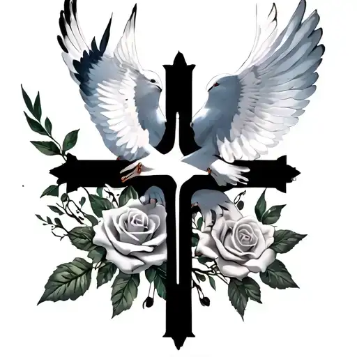 Realistic half sleeve from shoulder to elbow of cross, doves and roses tattoo design idea