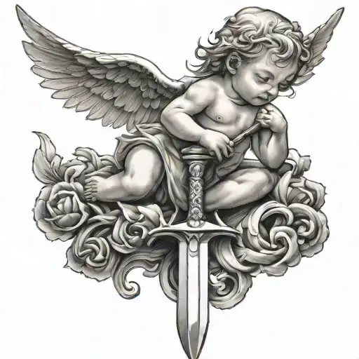 sword going downwords, baby angel sleeping on the top of the sword while covering the blade with its wings tattoo design idea