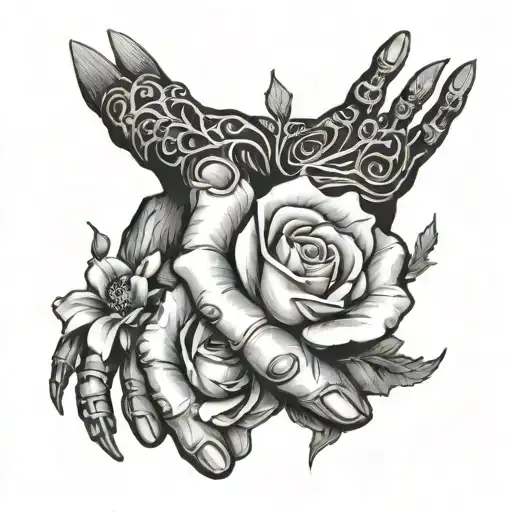 frankenstein's hand holding a flower surrounded tattoo design idea