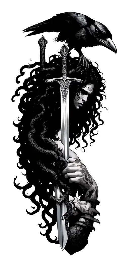 medusa up on the forearm a sword and biceps a crow tattoo design idea