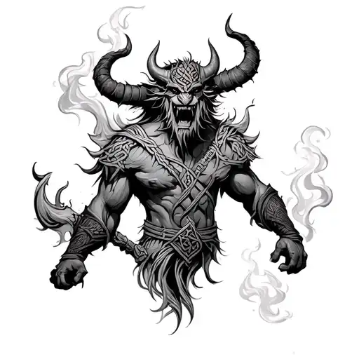 side view of viking style knotwork fighting smoke demon tattoo design idea