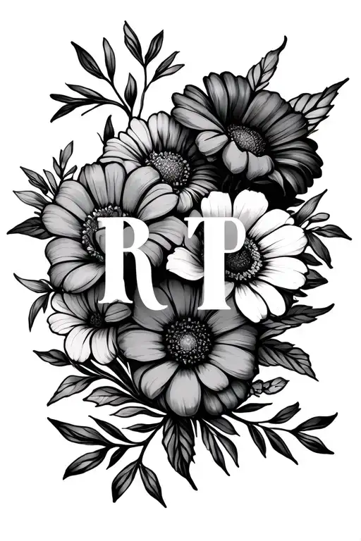 initial "RTP" plus july birth flower bouquet tattoo design idea