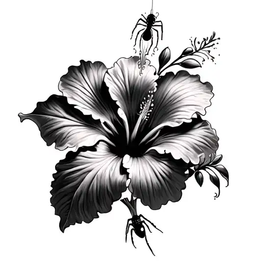 Flower Hibiscus with black widow spider coming from under it tattoo design idea