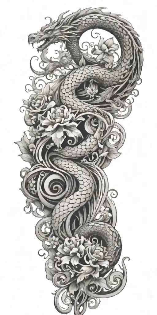 architecture patterns with water waves flowing, flowers, dragons,, balance, and perspective,  tattoo design idea