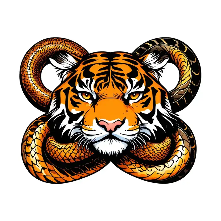 tiger face with coiling snake intertwined tattoo design idea