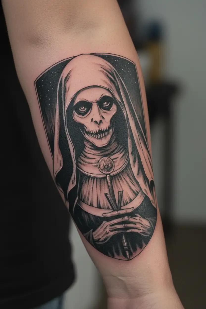 Spooky evil nun tattoo design idea
