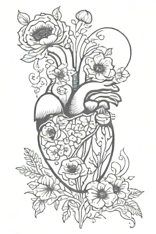 abstract design human heart, poppies, anemones, mushrooms, music, love and the letters J and C tattoo design idea