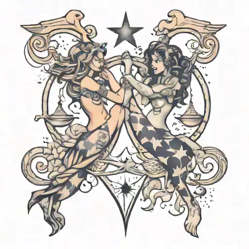 Libra and Pisces Combined Tattoo for best friends -Creative fusion of Libra and Pisces symbols and/or constellations  tattoo design idea