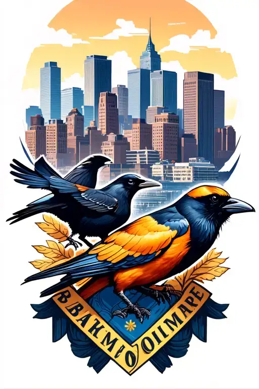 Baltimore city skyline with Oriole and raven on each end tattoo design idea