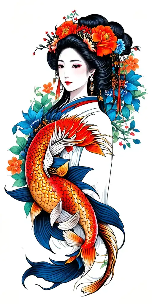 "1973-1998-2005" Japanese, dragon, geisha girl, koi carp Masonic symbols, bright colours, flowers, full colour tattoo design idea