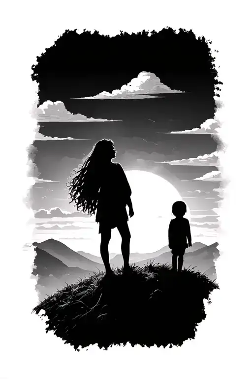 Clous on top of a hill and a Child Linda looking up the hill. also a Sunset behind the hill  tattoo design idea