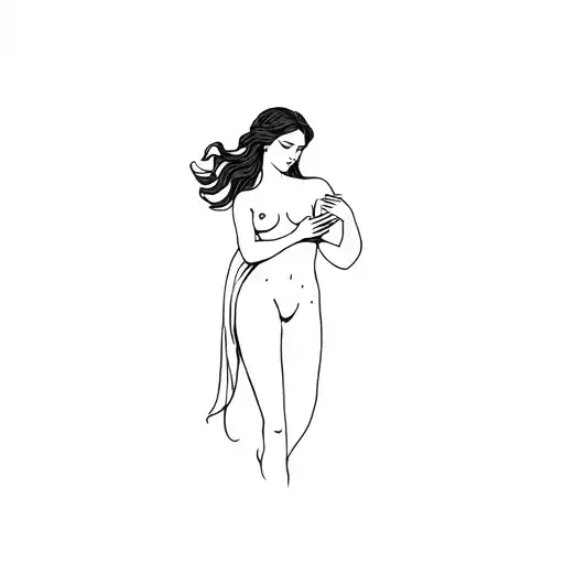 Aphrodite holding herself herself, head to thighs, minimalistic, 3/4 to the right, I'm a female tattoo design idea