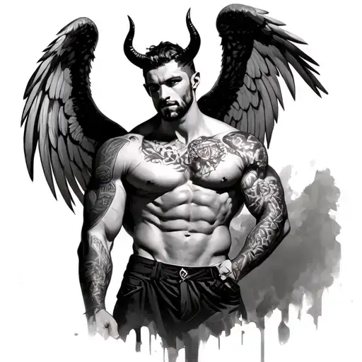 muscled man with angel eings devil horns and a tattooed body tattoo design idea