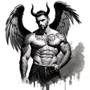 muscled man with angel eings devil horns and a tattooed body tattoo design idea