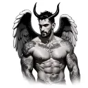 muscled man with angel eings devil horns and a tattooed body tattoo design idea