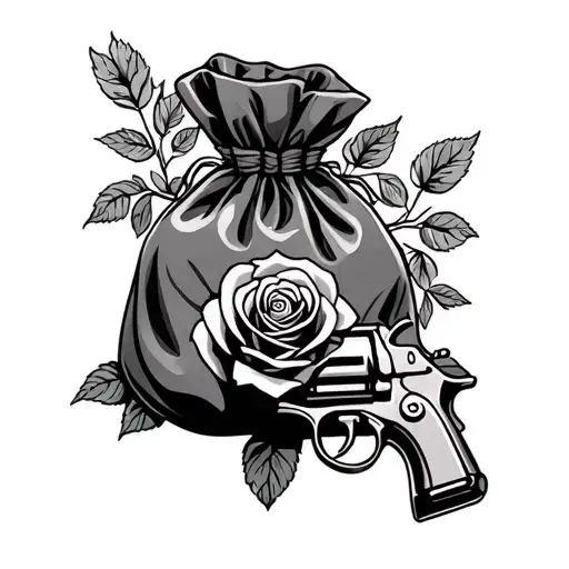roses guns money bag tattoo design idea