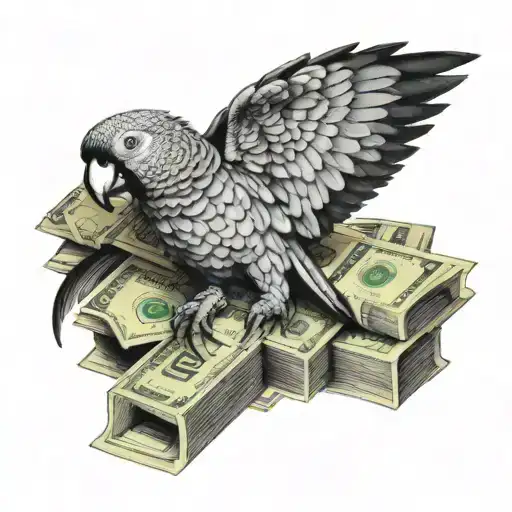 A black-grey tattoo of a parrot sitting on a pile of money, with a chart pattern subtly incorporated into the background, representing the connection between wealth and analysis in forex trading tattoo design idea