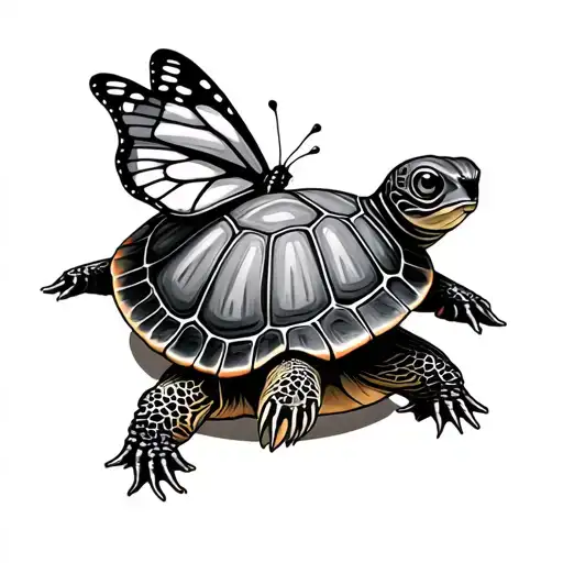 turtle and butterfly perched tattoo design idea