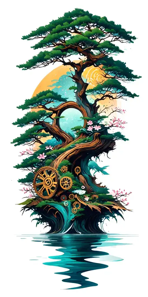 Japanese landscape of trees,water,bamboo,blossoms, and wood mechanical gears integrated with abstract universe  tattoo design idea