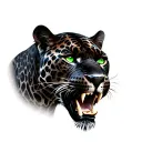 Black jaguar with 3 teeth and forest green eyes looking tattoo design idea