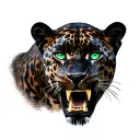 Black jaguar with 3 teeth and forest green eyes looking tattoo design idea