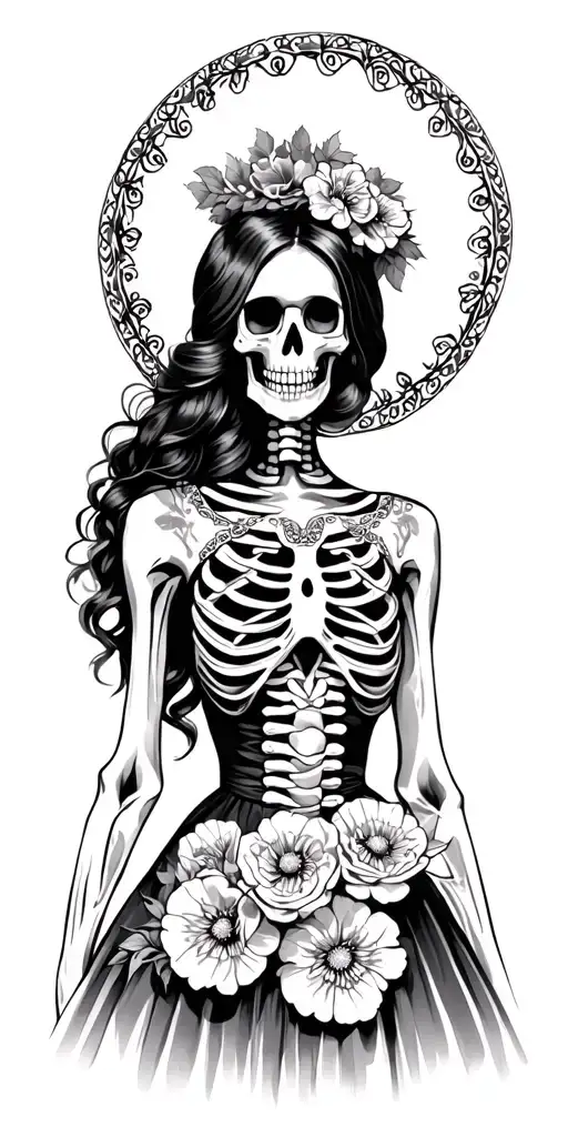 Mexican woman skeleton in dress with carnations tattoo design idea