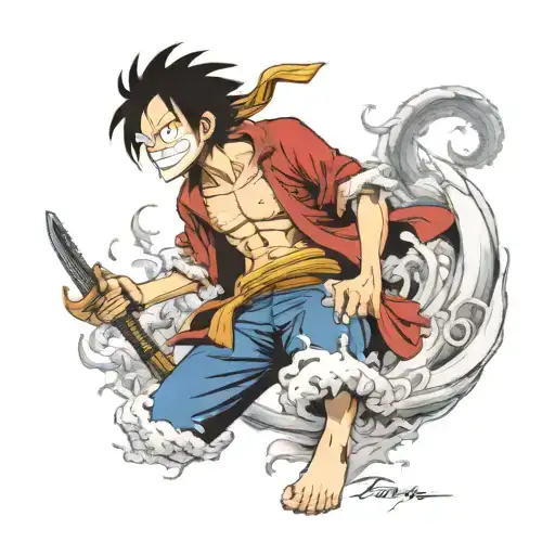 Design a detailed and dynamic tattoo illustrating the key moments of Monkey D. Luffy's adventure in One Piece. tattoo design idea