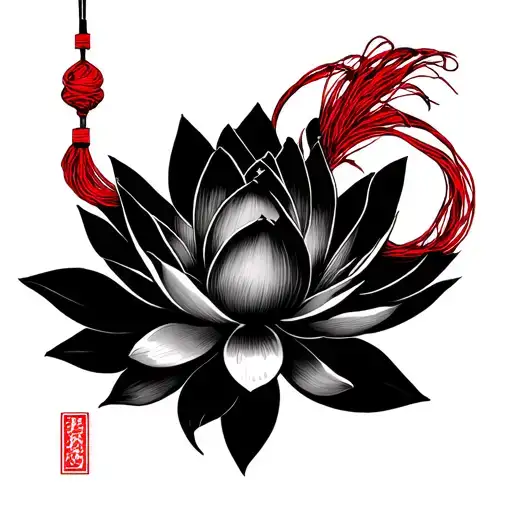 lotus flower (black) intertwined with japanese tassel (red) tattoo design idea