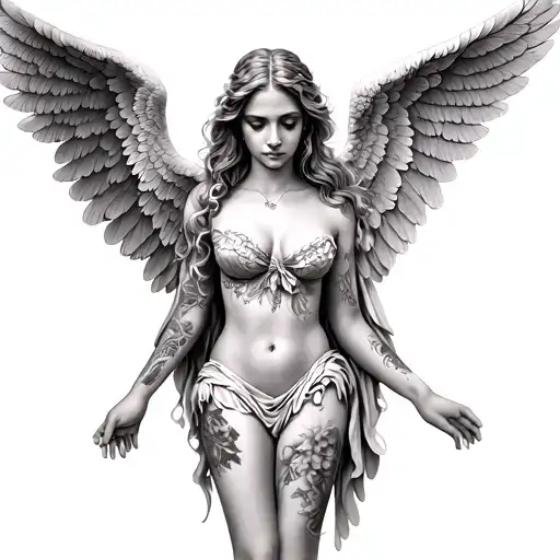 pretty angel woman with big wings tattoo design idea