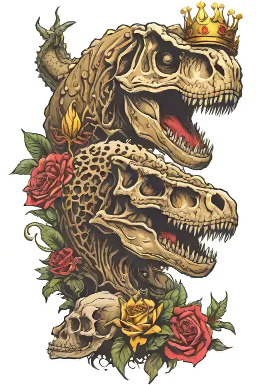 T. rex, human skulls, crown, darkness, Evelyn name, full arm sleeve tattoo design idea