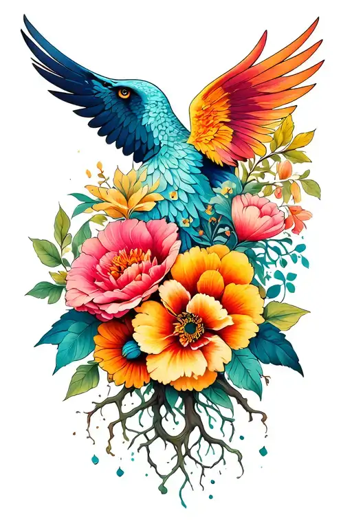 roots and wings floral tattoo design idea