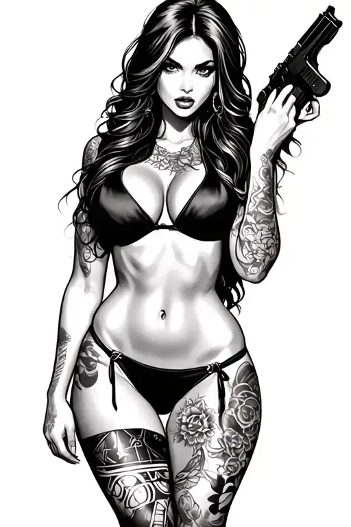 Sexy beautiful girl, petite, big boobs, wide hips, bikini . long hair,sexual. Seductive. with gun and shhh with fingers tattoo design idea