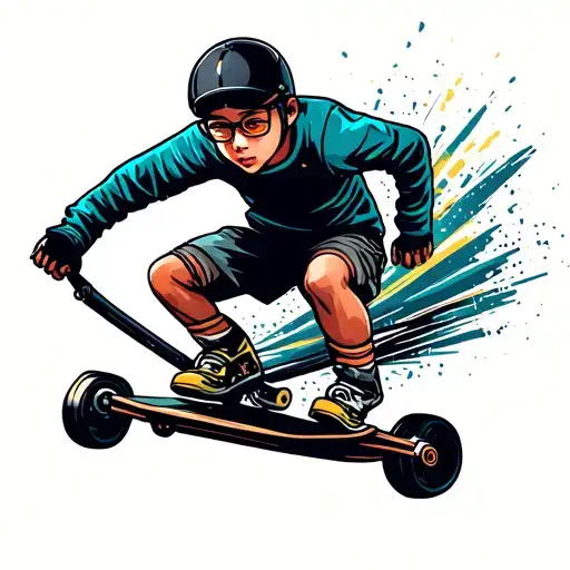 New school tattoo style illustration, cartoon urban street vibe, a boy riding a one-wheel board downhill at high speed,  tattoo design idea